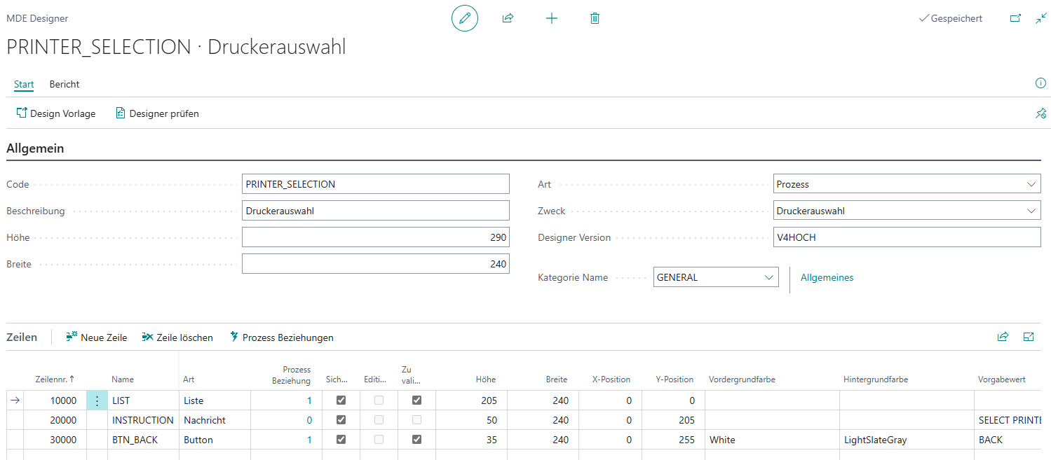 MDE Designer Header – Druckerauswahl (PRINTER_SELECTION) mit den Feldern Zweck und Designer Version