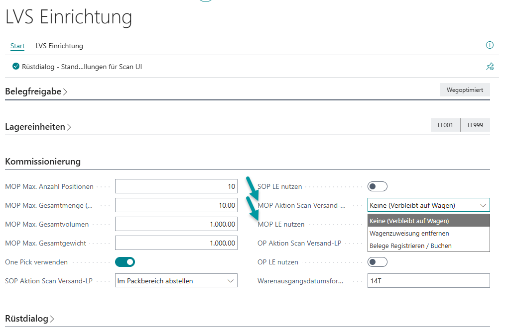 LVS Einrichtung – Kommissionierungsregister mit MOP Aktion Scan Versand-LP und geöffnetem Dropdown der verfügbaren Aktionsoptionen