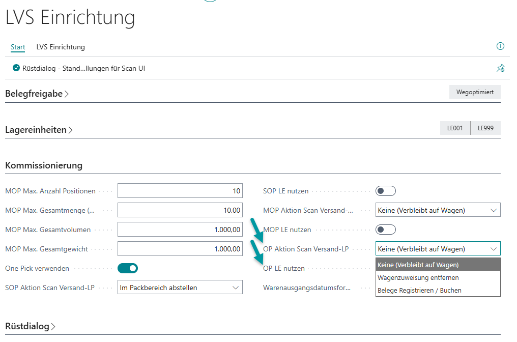 LVS Einrichtung – Kommissionierungsregister mit OP Aktion Scan Versand-LP und geöffnetem Dropdown der verfügbaren Aktionsoptionen