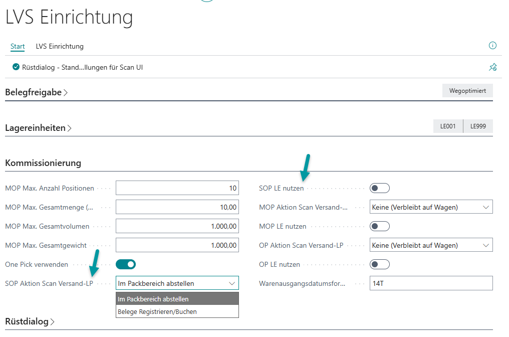 LVS Einrichtung – Kommissionierungsregister mit SOP Aktion Scan Versand-LP und geöffnetem Dropdown der verfügbaren Aktionsoptionen
