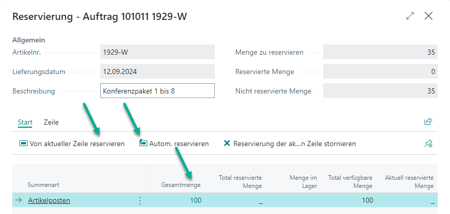 Reservierungskarte mit Fehlermeldung bei Versuch der automatischen Reservierung von Artikelverfolgungsartikeln mit gesperrtem Bestand