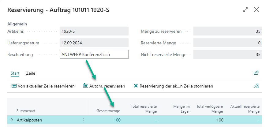 Reservierungskarte mit Fehlermeldung aufgrund unzureichender verfügbarer Menge für Reservierung