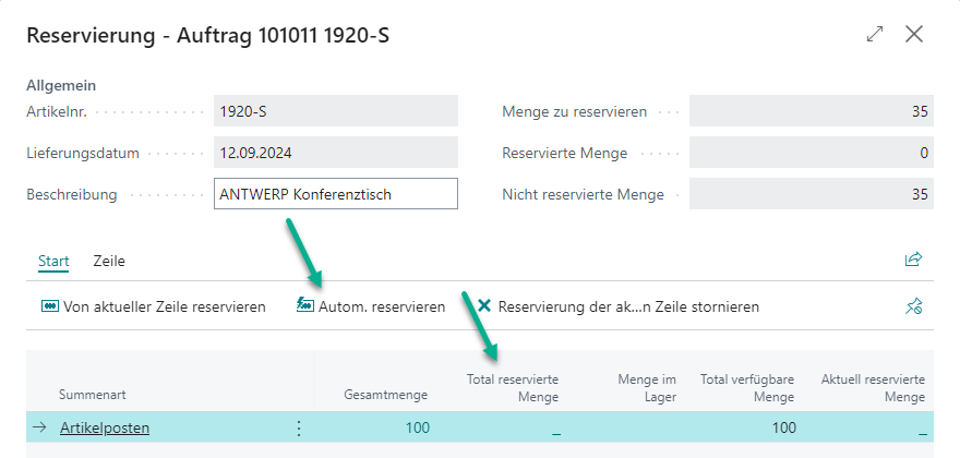 Reservierungskarte mit Funktion zur automatischen Reservierung