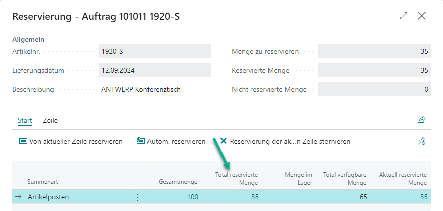 Reservierungskarte mit erfolgreich reservierter Menge in der Spalte Total reservierte Menge