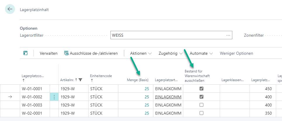 Lagerplatzinhalt mit teilweise gesperrtem Bestand (50 von 100 Stück gesperrt)