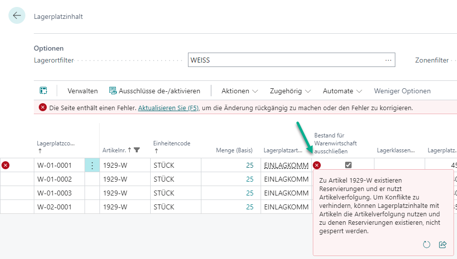 Lagerplatzinhalt anteilig mit Verfolgung - Fehlermeldung
