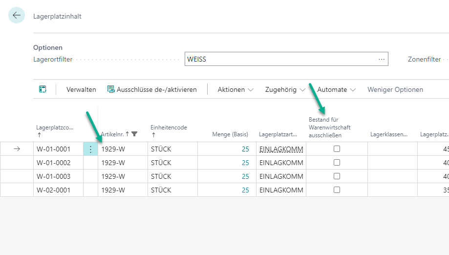 Lagerplatzinhalt mit Verfolgung