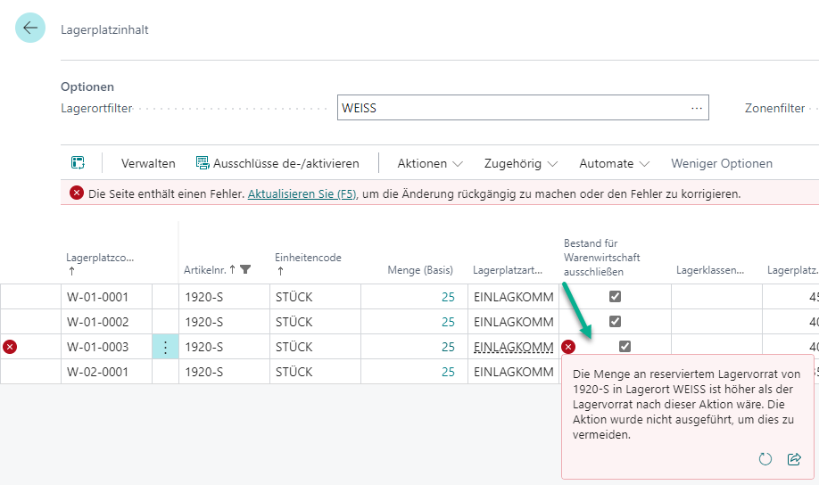 Lagerplatzinhalt Fehlermeldung