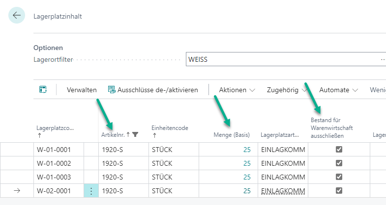 Lagerplatzinhalt mit vollständig gesperrtem Bestand (100 von 100 Stück gesperrt)