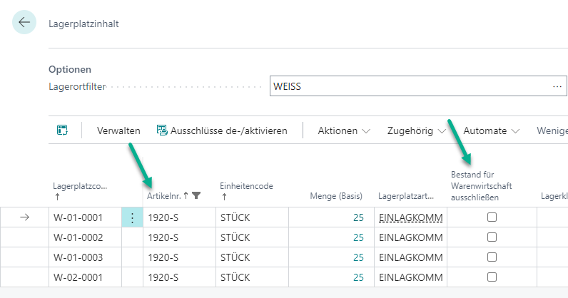 Lagerplatzinhalt mit vollständig nutzbarem Bestand ohne Sperrung