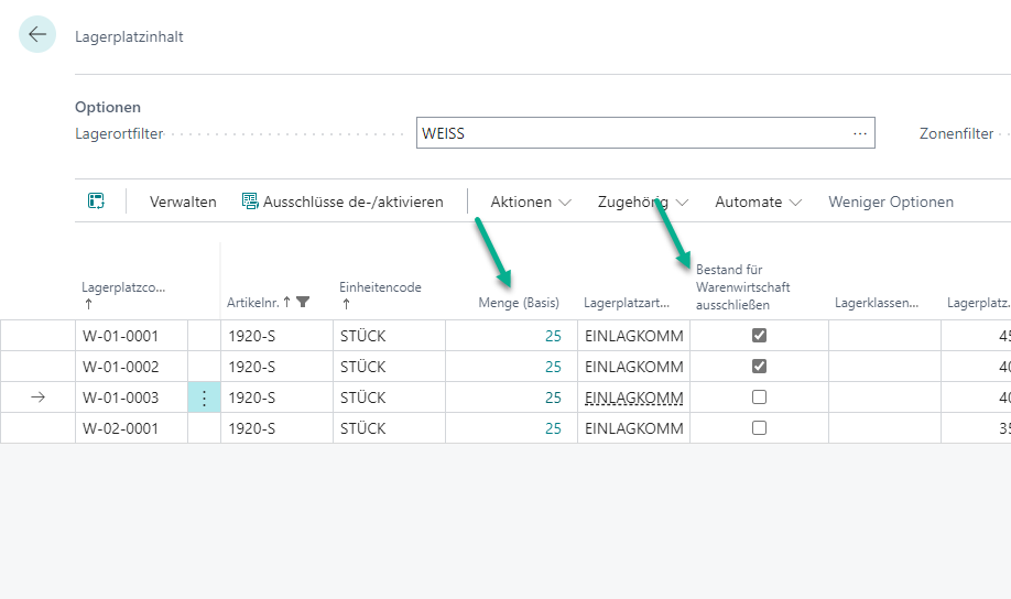 Reservierung anteilig vorhanden Lagerplatzinhalt