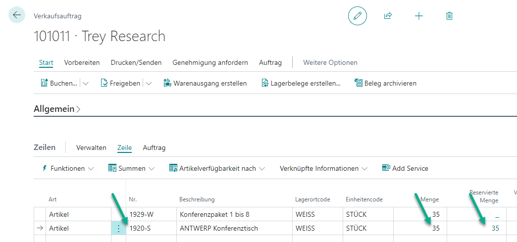 Reservierung anteilig vorhanden Verkaufsauftrag