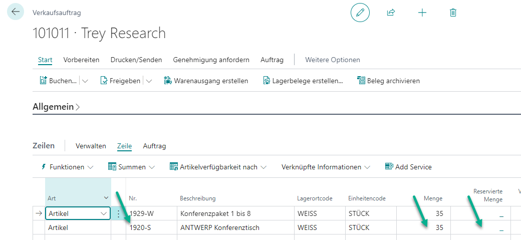 Verkaufsauftrag mit Artikelinformationen und Menge zur Reservierung