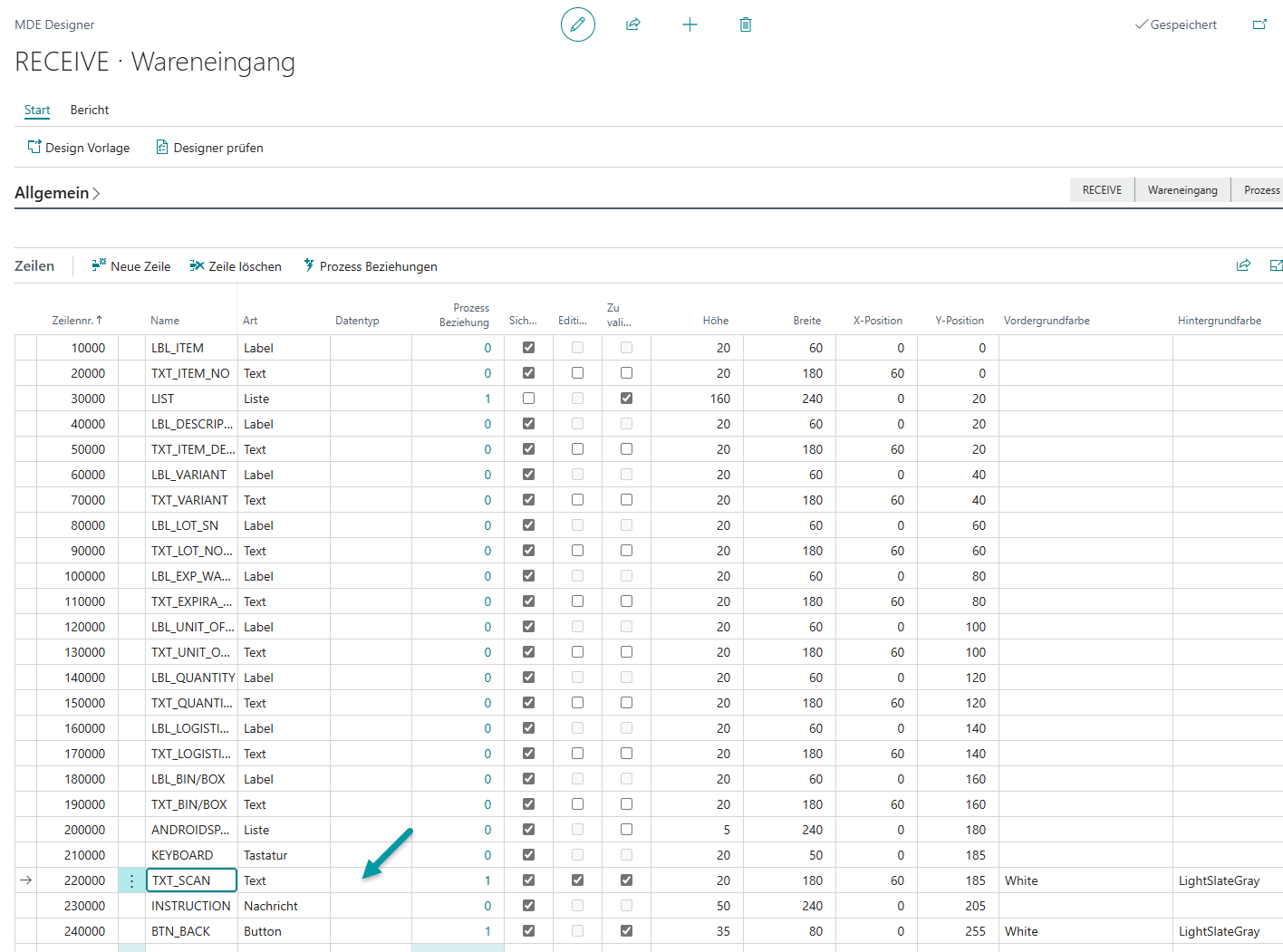 MDE Designer des RECEIVE-Dialogs: Zeile TXT_SCAN mit hervorgehobenem Data Type Feld