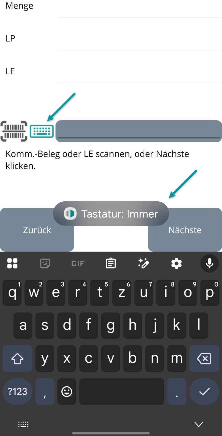 Tastatur-Icon in der MDE App im Zustand 'Nie' – die virtuelle Tastatur ist dauerhaft deaktiviert, unabhängig von der MDE Einrichtung