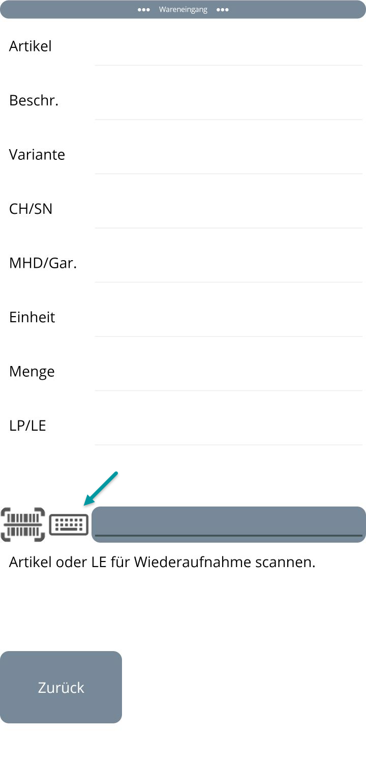 LE bilden Dialog Schritt 1 – Ausgangszustand, Tastatur ist ausgeblendet vor der Mengeneingabe