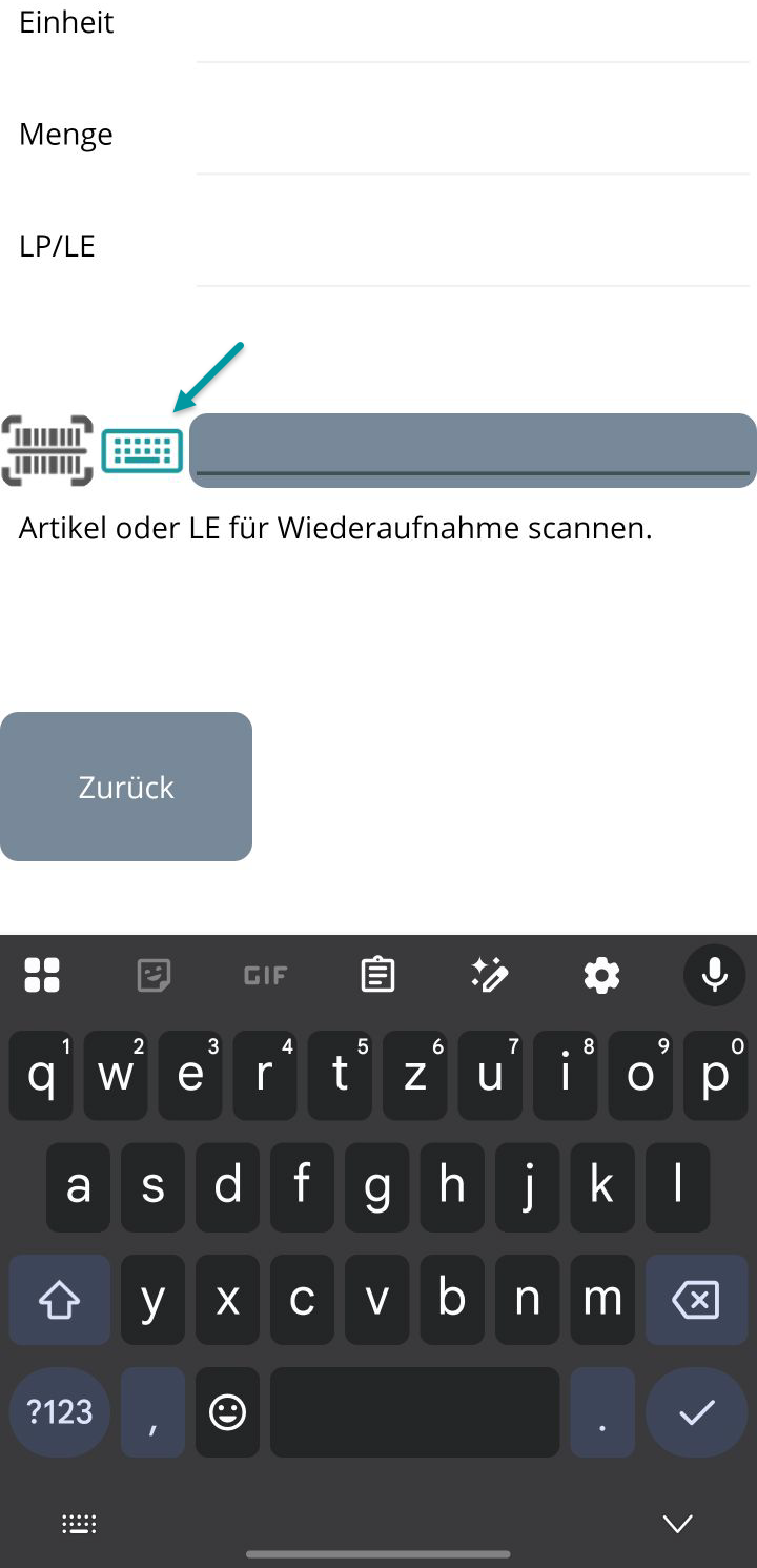 LE bilden Dialog Schritt 2 – Mengeneingabe-Schritt wird aktiv, virtuelle Tastatur wird automatisch eingeblendet