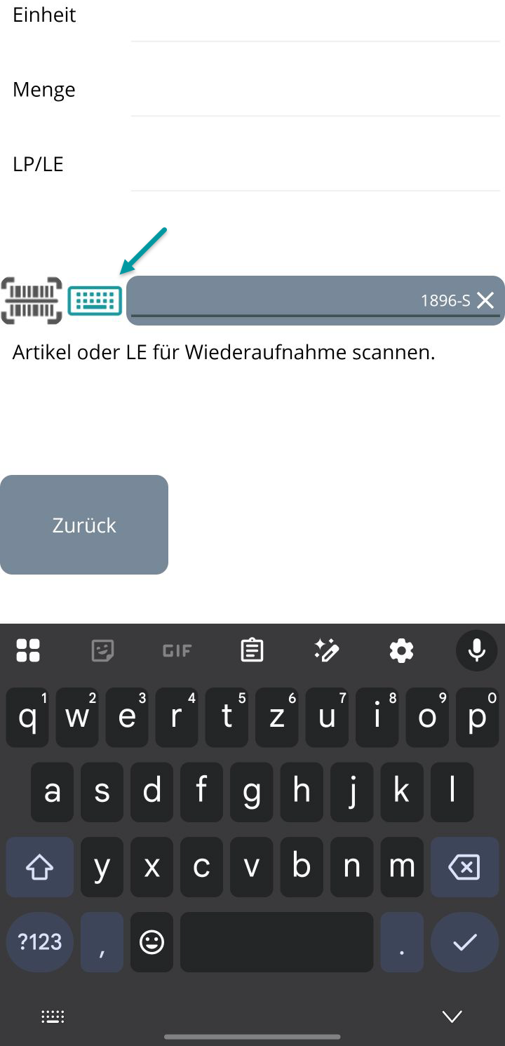 LE bilden Dialog Schritt 3 – Mengeneingabe erfolgt mit automatisch eingeblendeter virtueller Tastatur