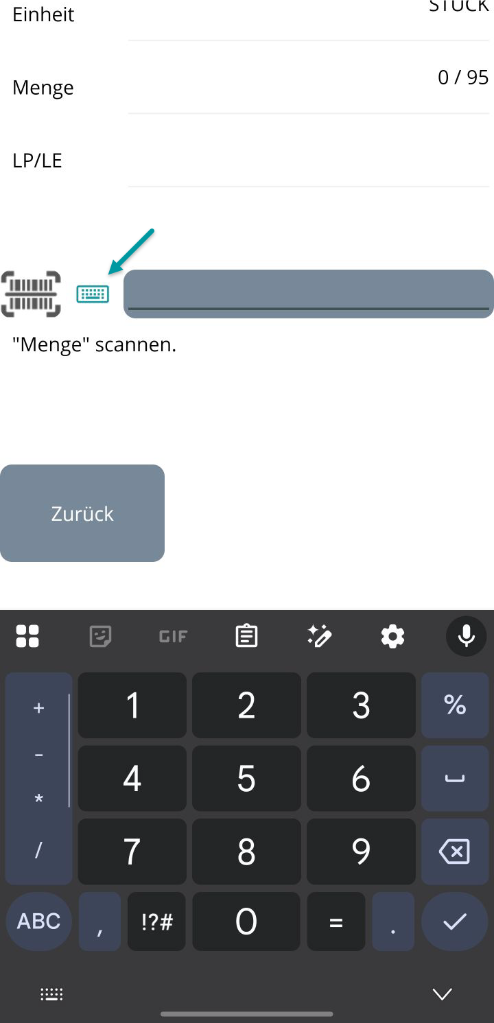 LE bilden Dialog Schritt 4 – Mengeneingabe abgeschlossen, Folgeschritt wird aktiv