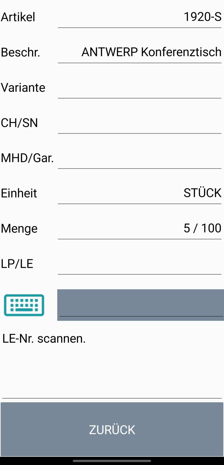Nächster Schritt nach der Mengeneingabe: Lagereinheitennummer scannen, Menge wurde auf 5/100 aktualisiert