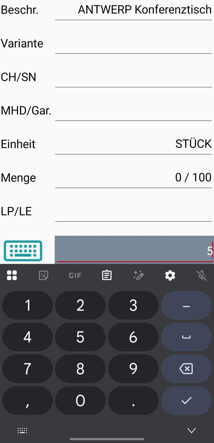 Mengeneingabe-Schritt mit automatisch eingeblendeter Zahlen-Tastatur – Zahlen-Tastatur bei Mengeneingabe ist aktiviert