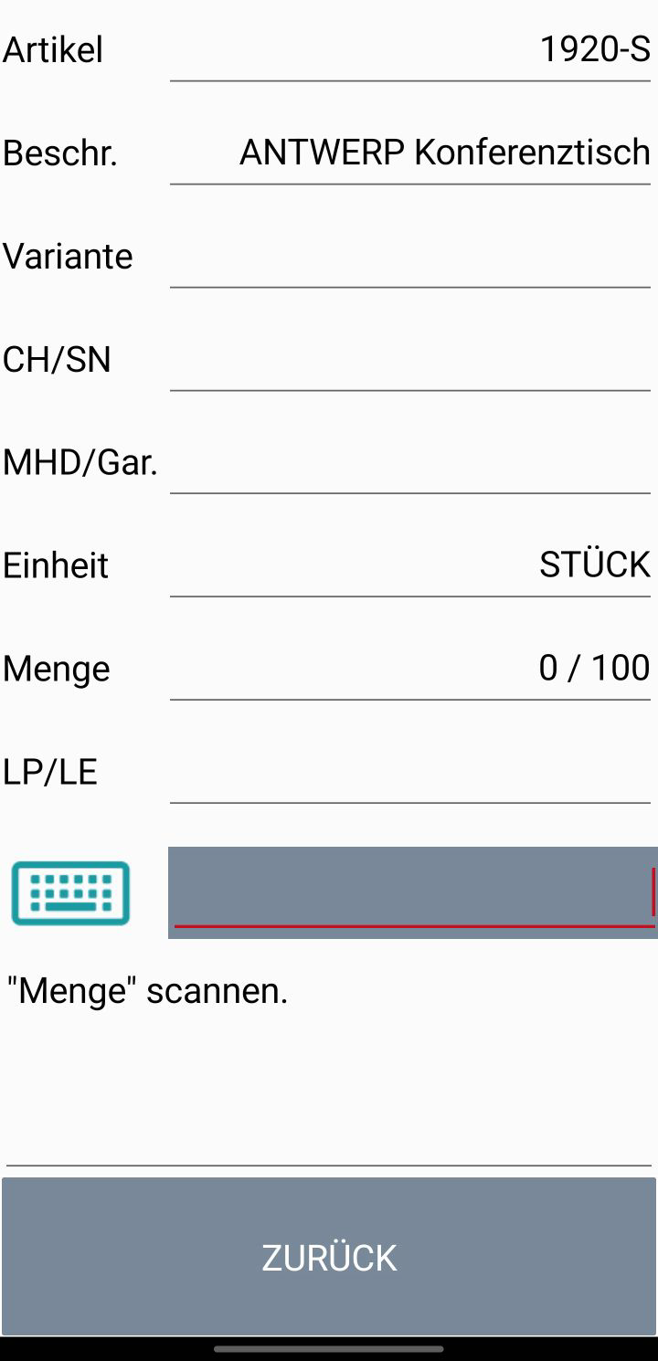 Mengeneingabe-Schritt am MDE-Gerät: Die Eingabeaufforderung 'Menge scannen' ist aktiv, Tastatur noch nicht eingeblendet