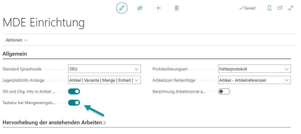 MDE Einrichtung in Business Central: Das Feld "Tastatur bei Mengeneingabe autom. einblenden" ist im Register "Allgemein" aktiviert