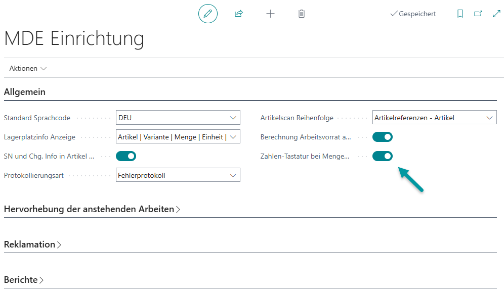 MDE Einrichtung in Business Central mit aktiviertem Toggle "Zahlen-Tastatur bei Mengeneingabe"