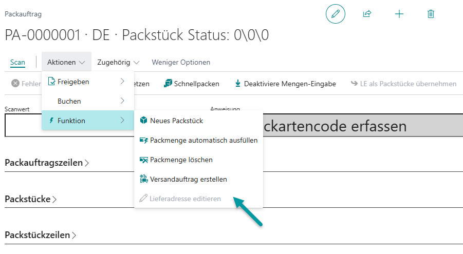 Packauftrag mit deaktivierter Adresskorrektur - die Aktion Lieferadresse editieren ist ausgegraut und nicht ausführbar