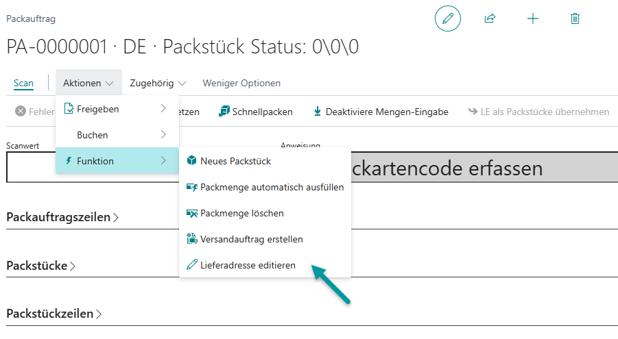 Packauftrag mit aktivierter Adresskorrektur - die Aktion Lieferadresse editieren ist aktiv und aufrufbar
