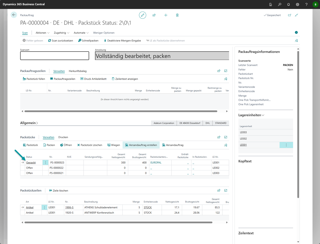 Ergebnis Packauftrag