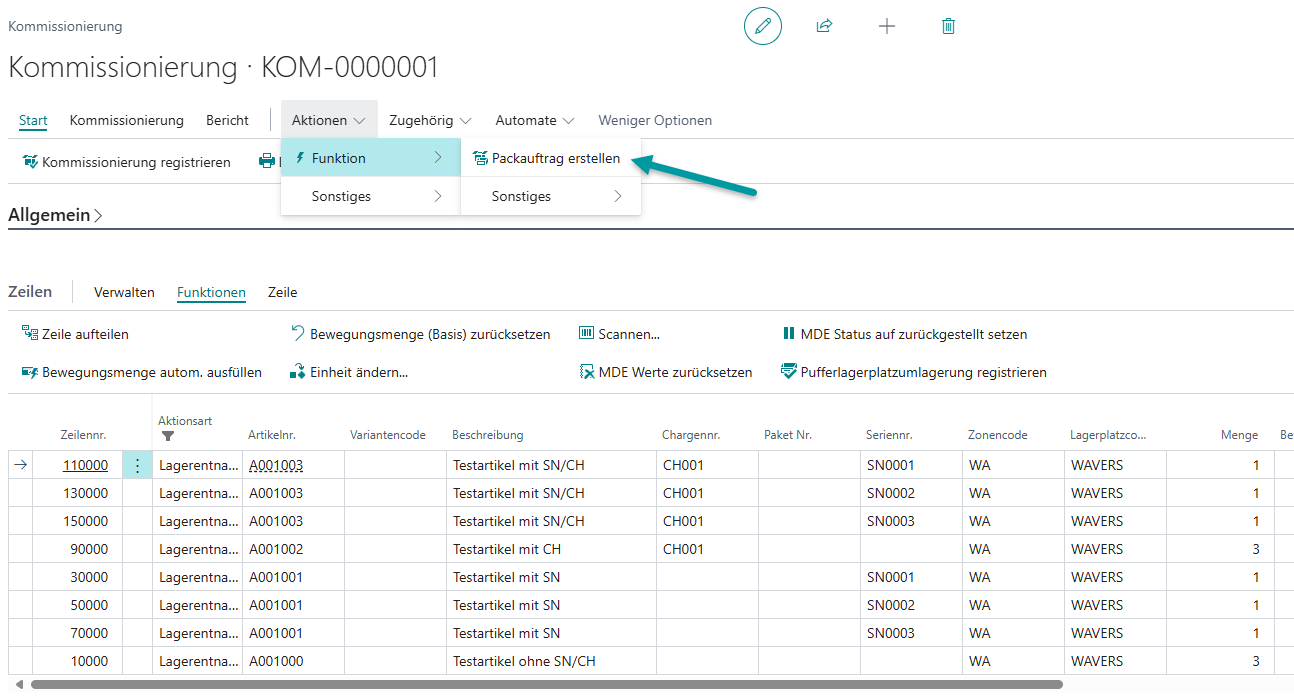 Register Allgemein mit der Option Artikelverfolgung in Packauftragszeilen anzeigen