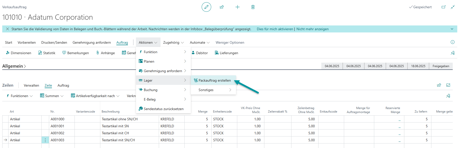 Manuelle Hinterlegung der Artikelverfolgungsnummern im Verkaufsauftrag
