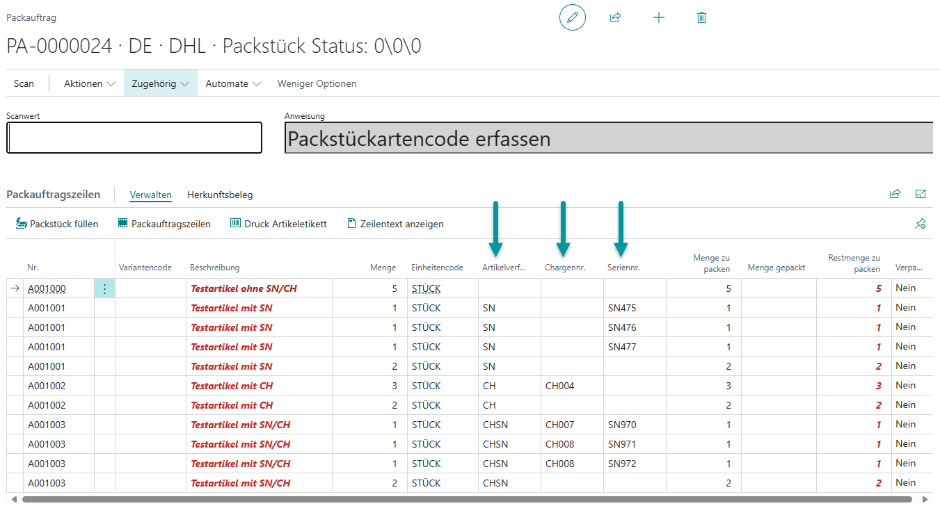 Packauftrag bereit zur Verarbeitung mit gemischter Artikelverfolgung