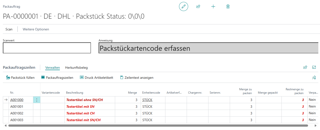 Artikelverfolgung in Packauftragszeilen anzeigen = Nein; Packauftrag