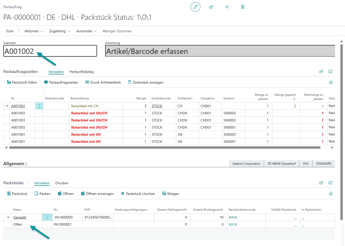 Vorbereitung zur Buchung des Packauftrags mit allen erfassten Verfolgungsnummern