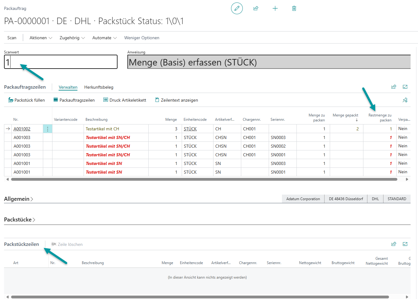 Vollständige Packstückübersicht vor der finalen Buchung