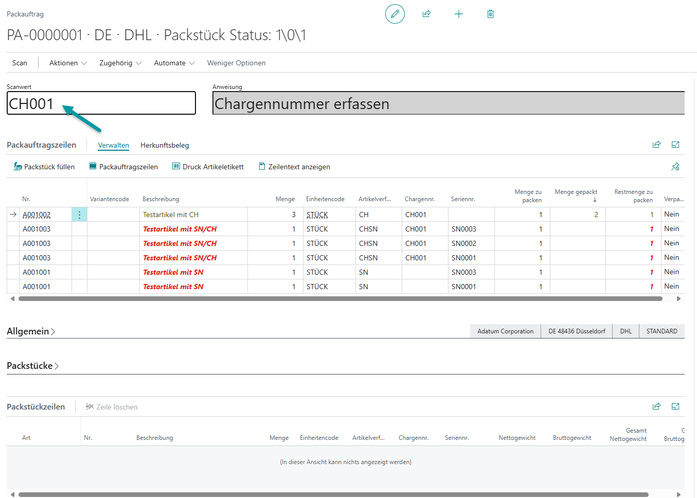 Buchung des Packauftrags und Übergang zum registrierten Status