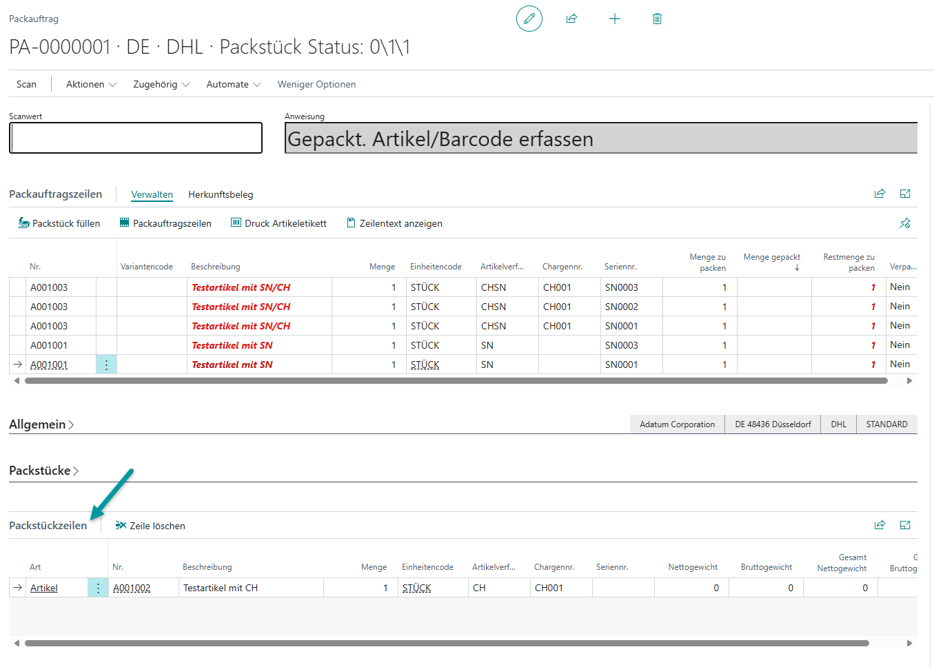 Registrierter Packauftrag mit nachvollziehbarer Artikelverfolgung