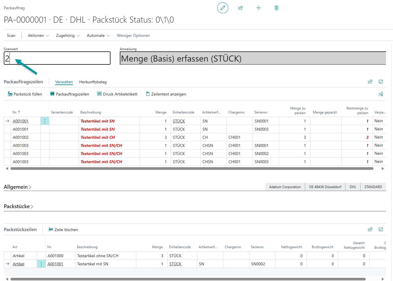 Fortlaufende Erfassung weiterer Artikel mit Artikelverfolgungsnummern