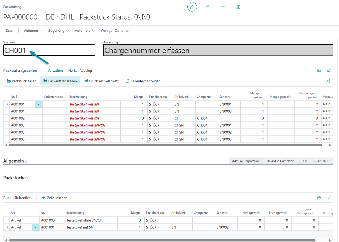 Zuordnung von Artikeln mit Chargennummern auf mehrere Packstücke