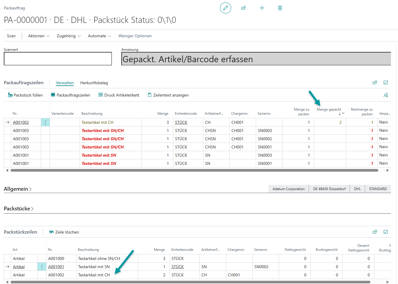 Übersicht der verarbeiteten Packstückzeilen mit vollständigen Verfolgungsinformationen