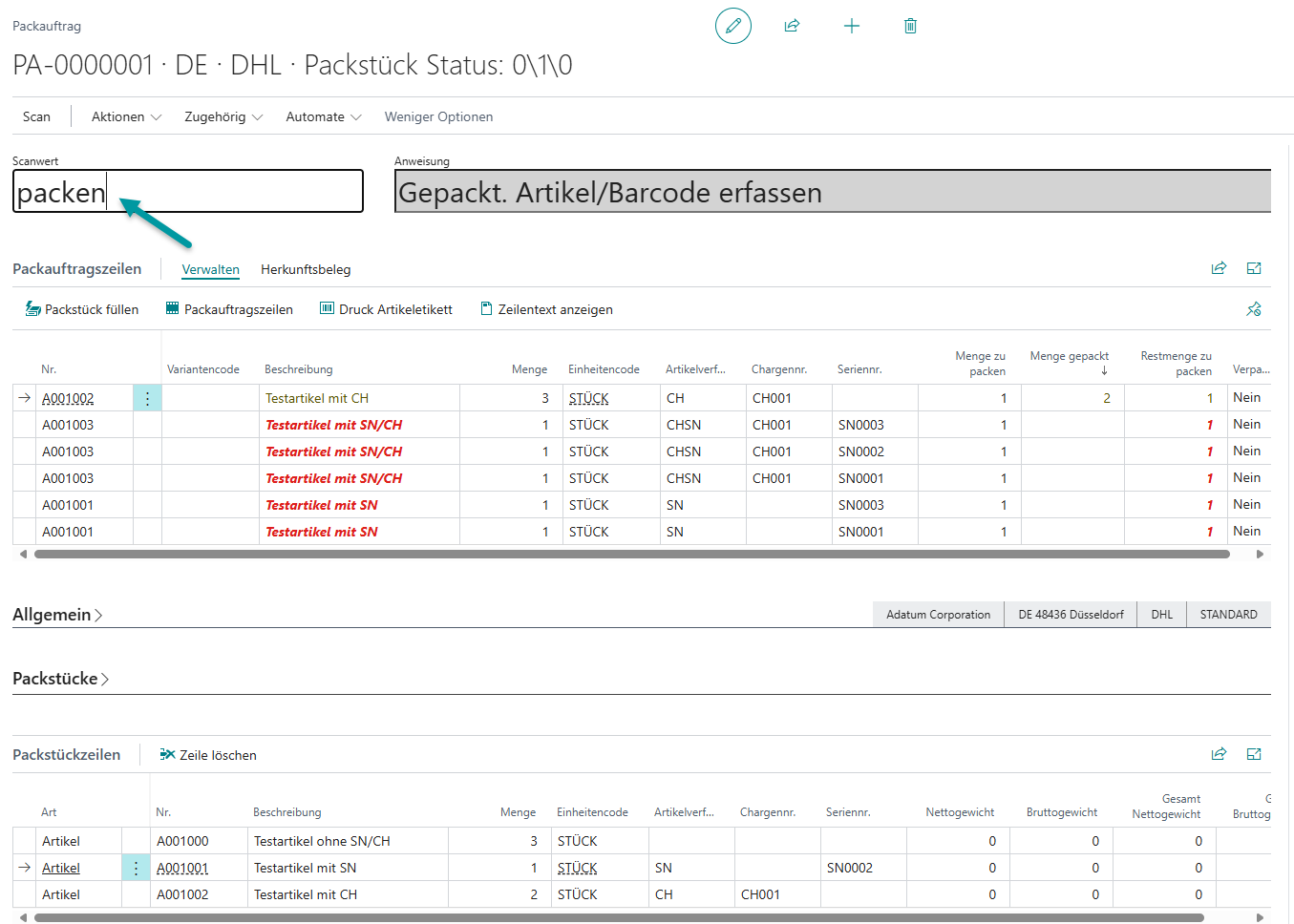 Möglichkeit zum Zurücksetzen von Packstückzeilen bei Korrekturbedarf