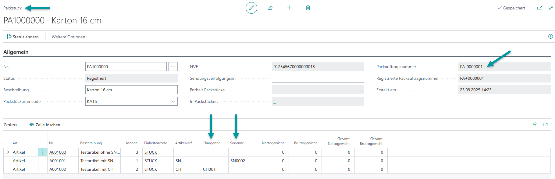 Registrierter Packauftrag nach erfolgreicher Buchung mit allen Verfolgungsinformationen