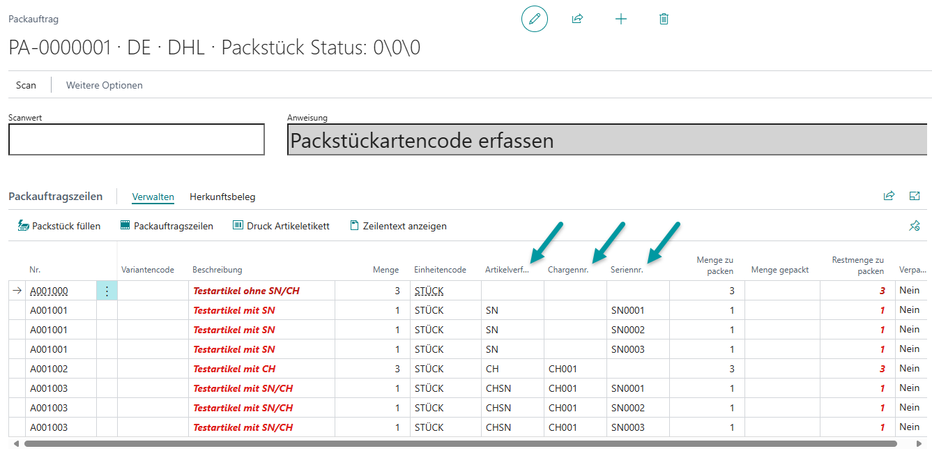 Detailansicht der Packauftragszeilen mit aufgeschlüsselten Artikelverfolgungsnummern