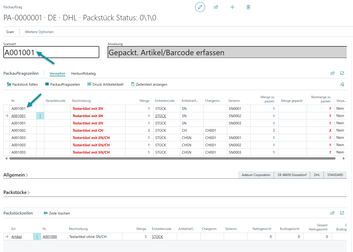 Darstellung von Seriennummern und Chargennummern in separaten Zeilen mit Verfolgungscode