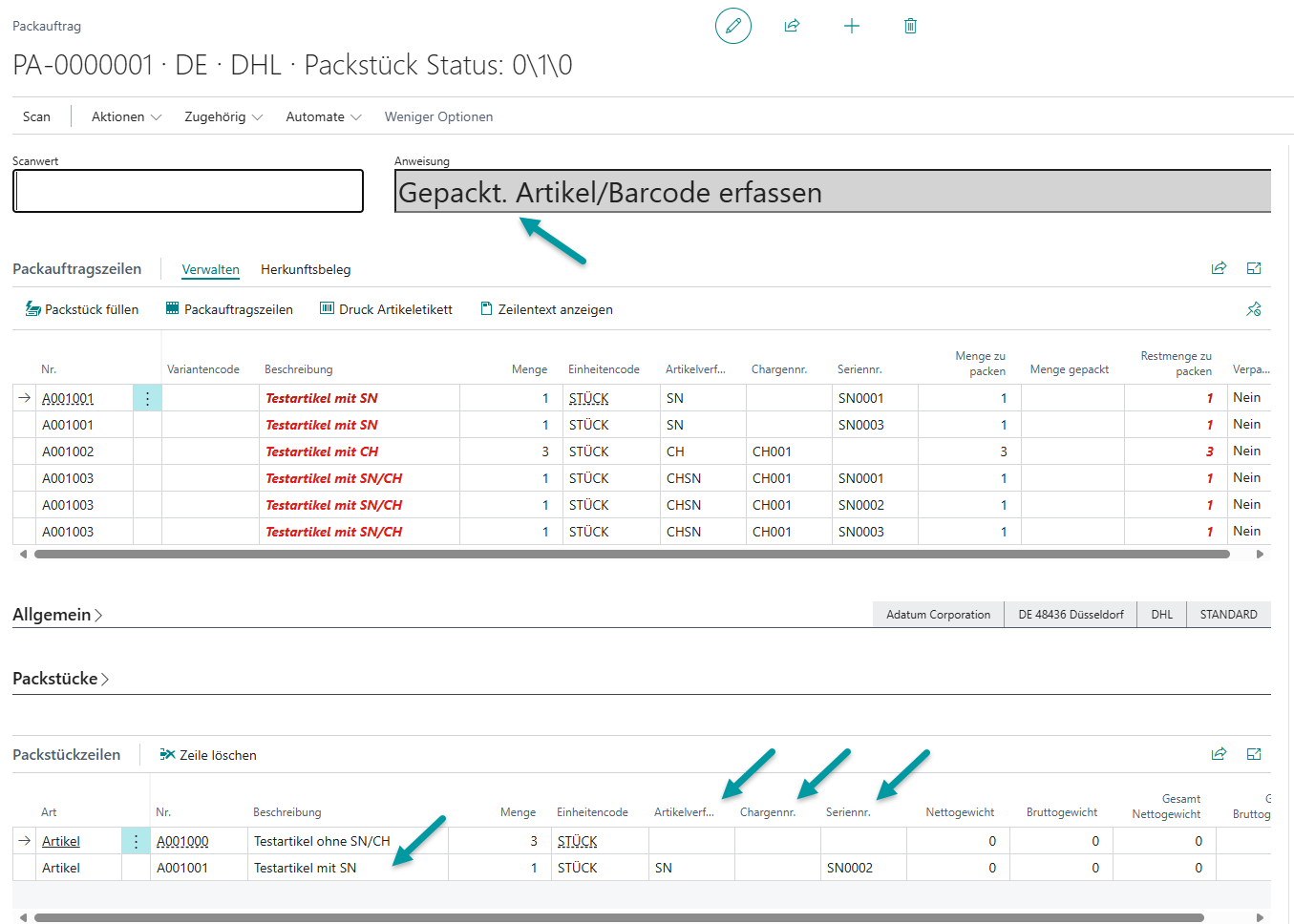 Vollständige Übersicht aller Verfolgungsnummern in den Packauftragszeilen