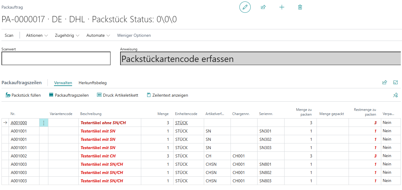 Übernahme der Verfolgungsinformationen aus registrierter Kommissionierung in den Packauftrag