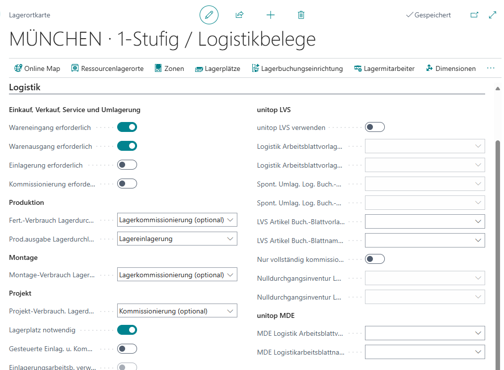 Logistikbeleg im Lagerort München ohne Lageraktivitäten