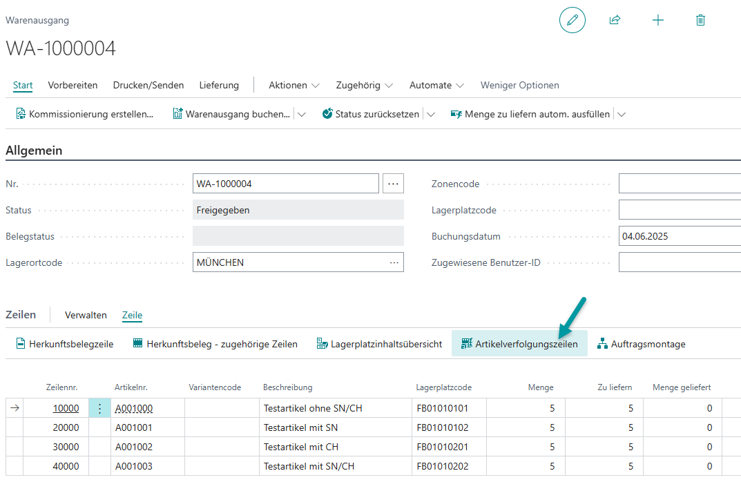 Manuelle Hinterlegung der Artikelverfolgungsnummern im Herkunftsbeleg